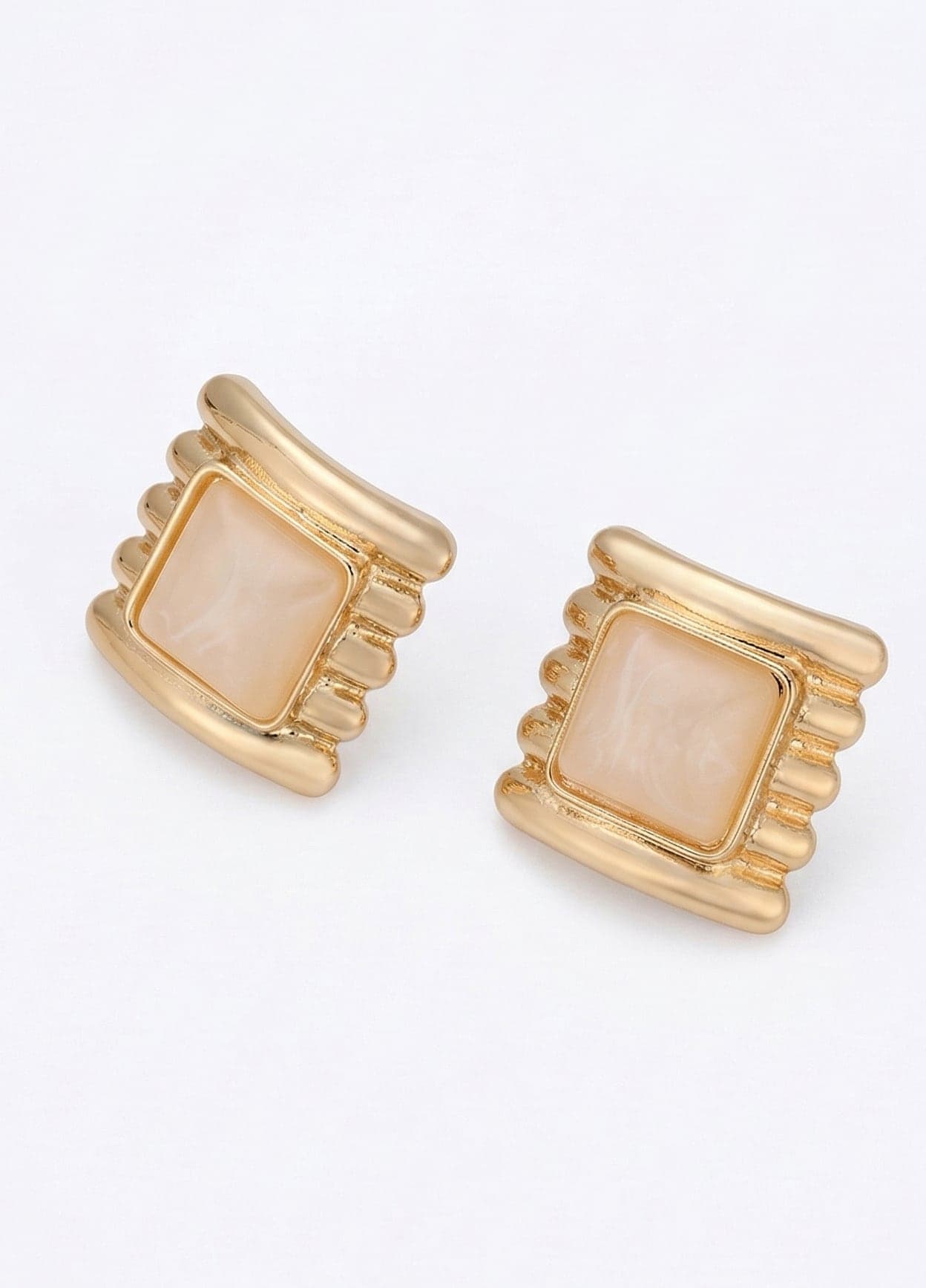 Gold-Plated Brass, White Stone-Look Square Earrings