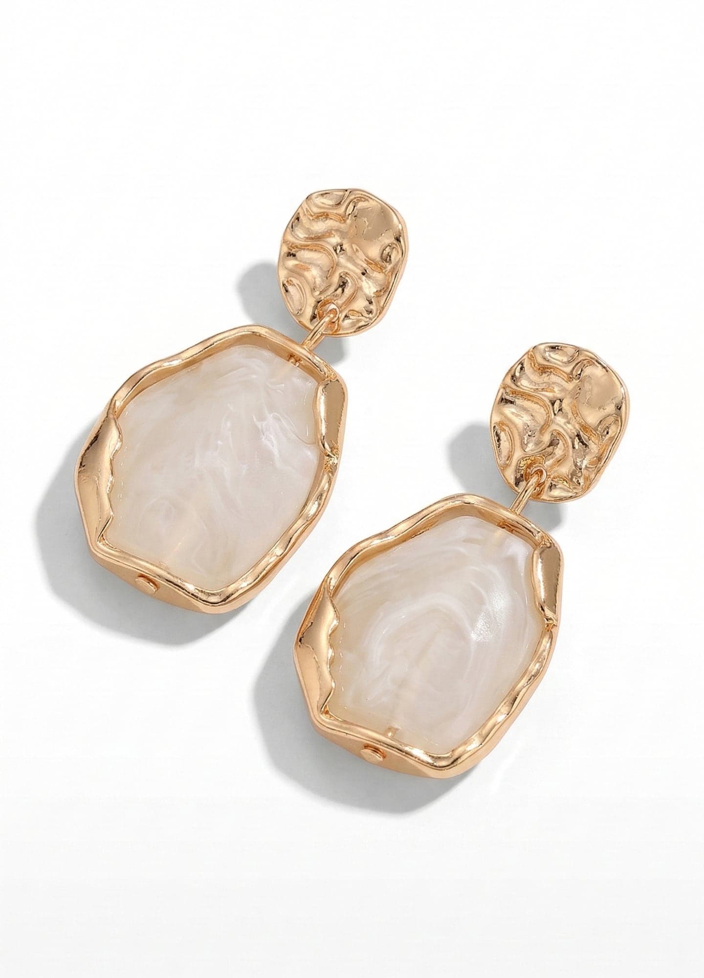 Gold-Plated Brass, White Stone-Look Plastic Earrings