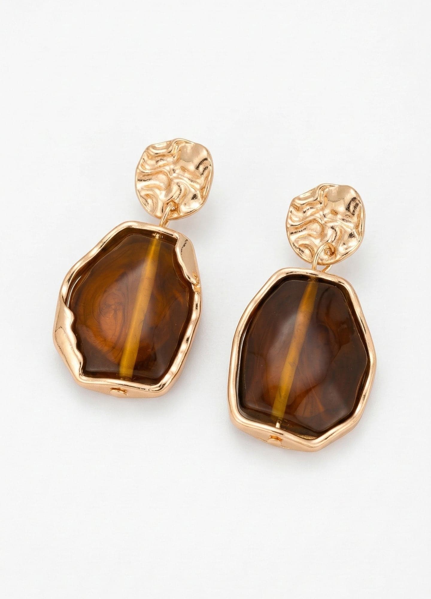 Gold-Plated Brass, Brown Stone-Look Plastic Earrings