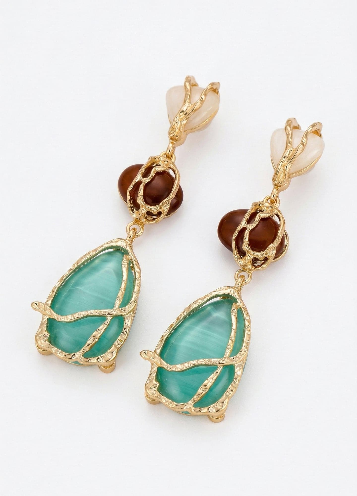 Gold-Plated Brass, Synthetic Stone Dangle Spiral Earrings