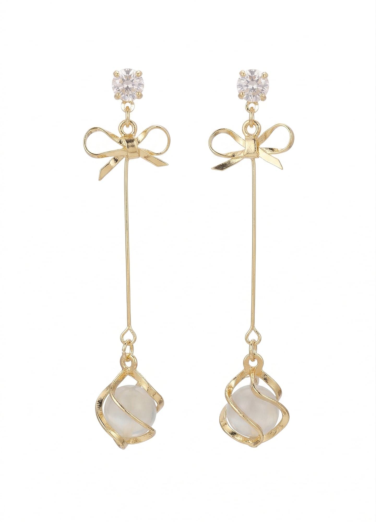 Gold-Plated Brass Earrings with Zircon Stones and Synthetic Stone Pendants