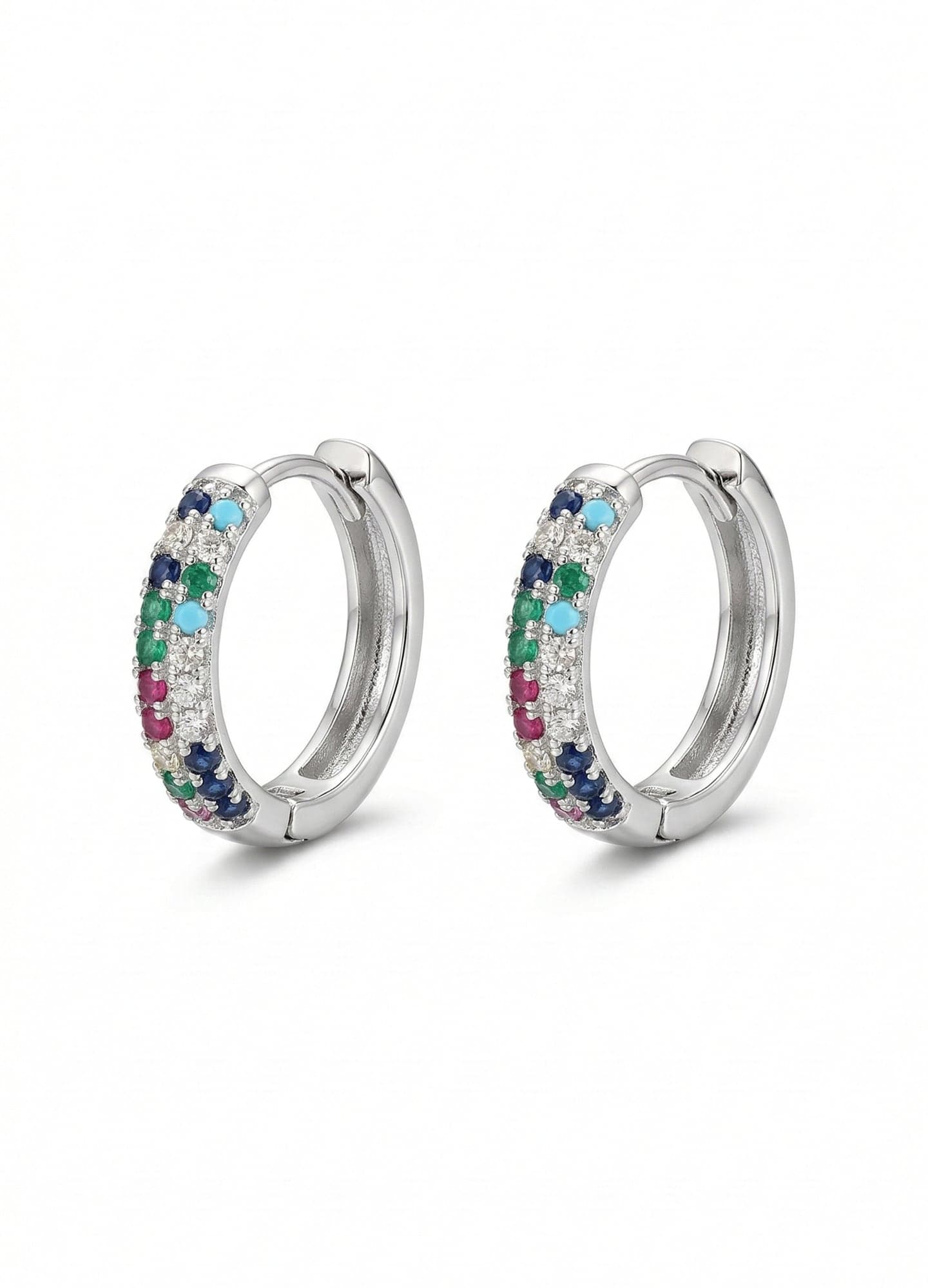 Silver-Plated Brass, Colorful Zircon Stone Studded Hoop Earrings