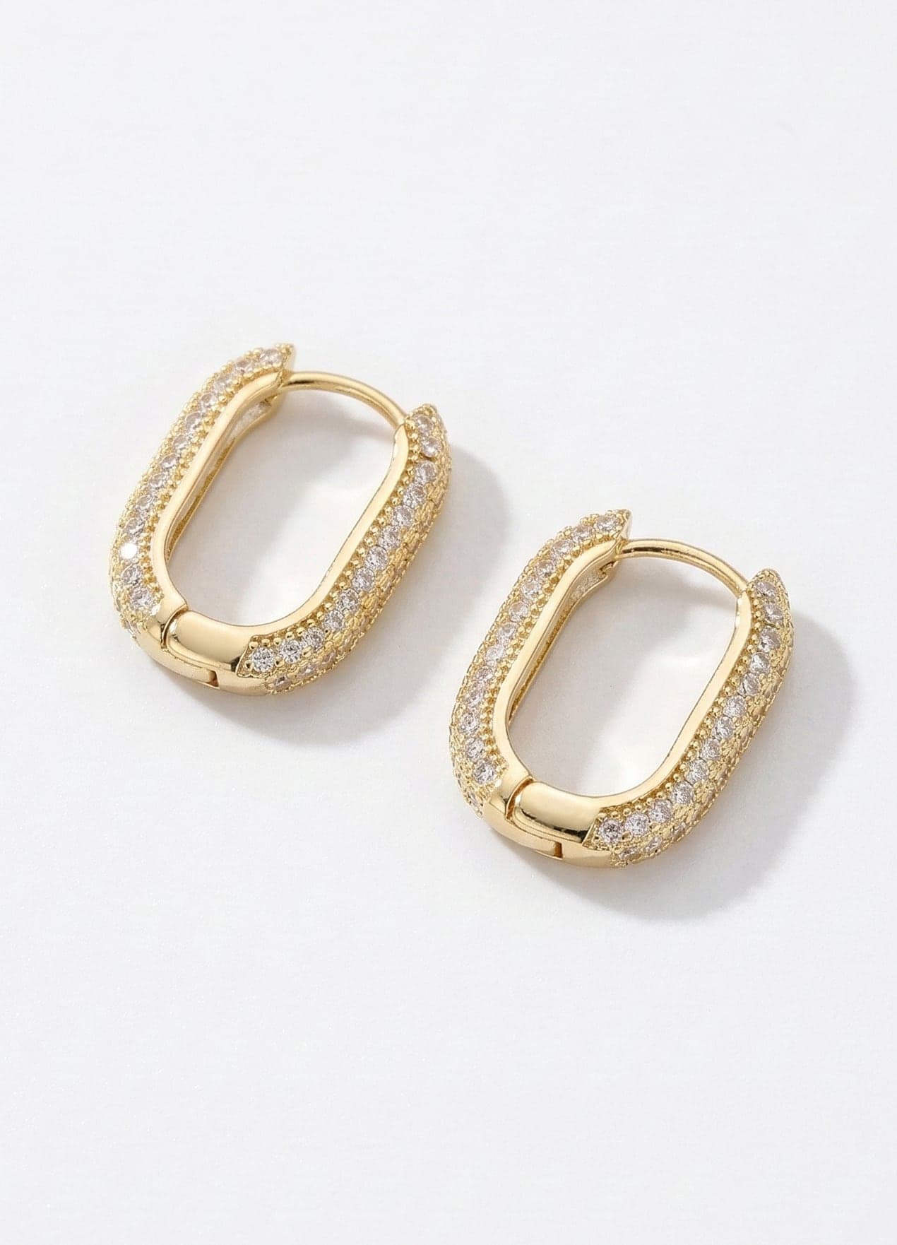 Gold-Plated Brass, Oval Earrings with Zircon Stones
