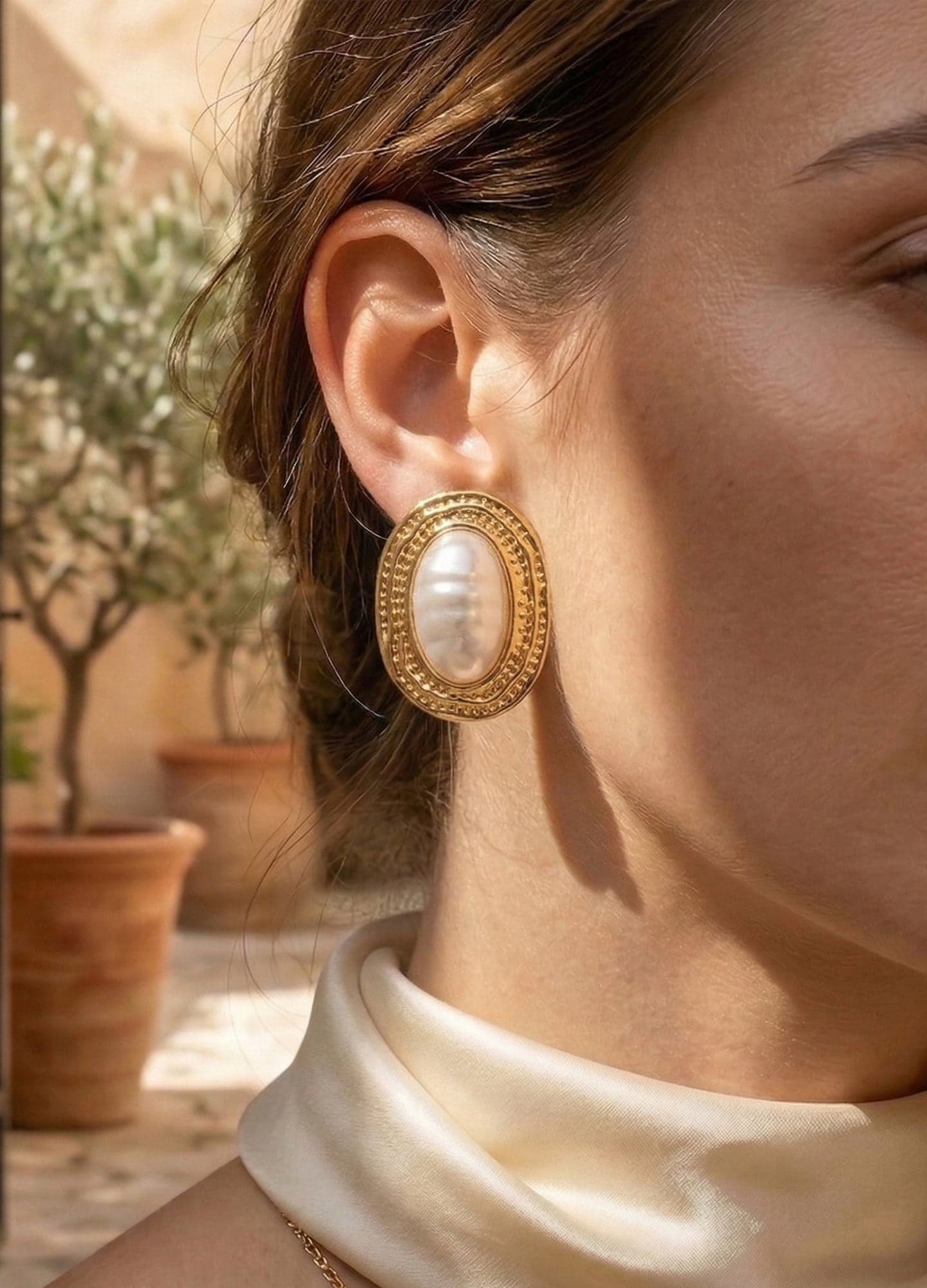 Gold-Plated Brass, Pearl-Detailed Oval Earrings