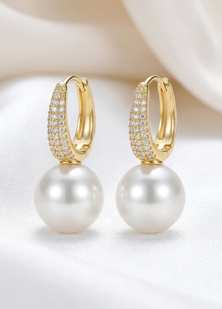 Gold-Plated Brass Earrings with Zircon Stones and Plastic Round Pearl Pendants
