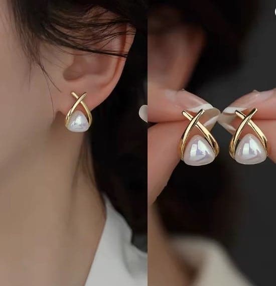 Gold-Plated Brass, Plastic Pearl Detailed Triangle Style Earrings