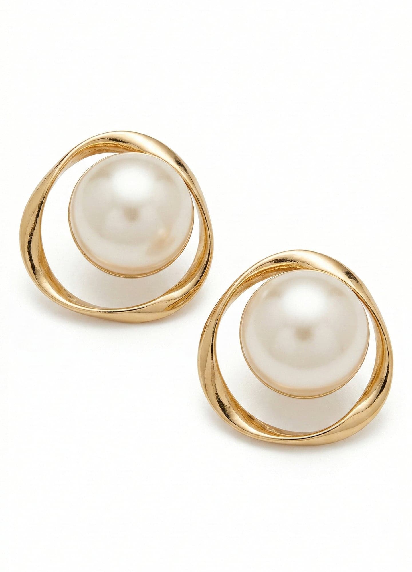 Gold-Plated Brass, Plastic Pearl Detailed Oval Earrings