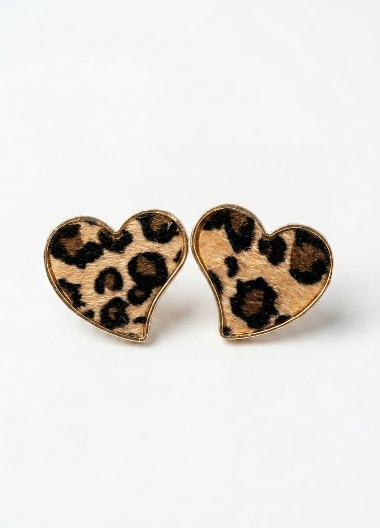 Gold-Plated Brass, Leopard-Print Heart Earrings