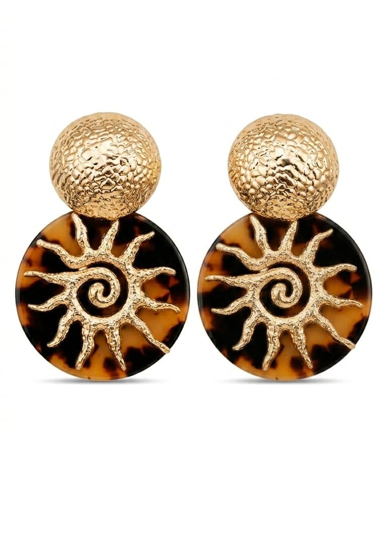 Gold-Plated Brass Stud Earrings with Leopard Print and Sun-Inspired Details