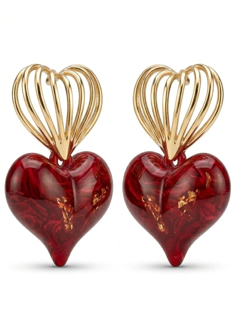 Gold-Plated Brass, Synthetic Heart Dangle Earrings