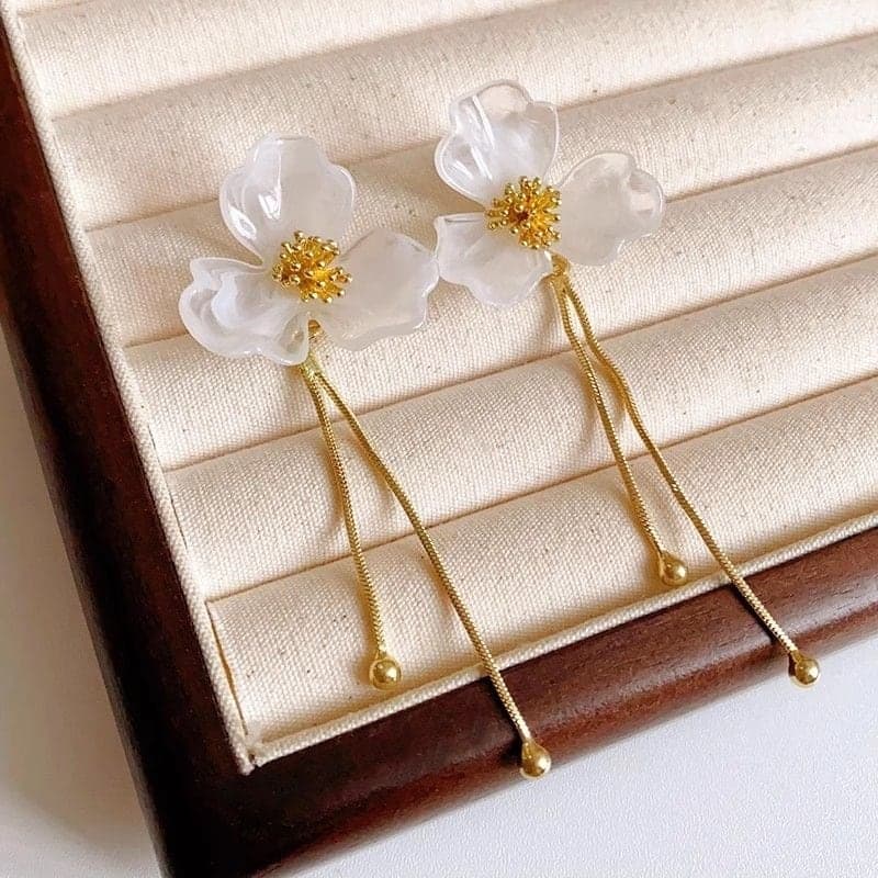 Gold-Plated Brass, Chain-Dangling Leaf Earrings