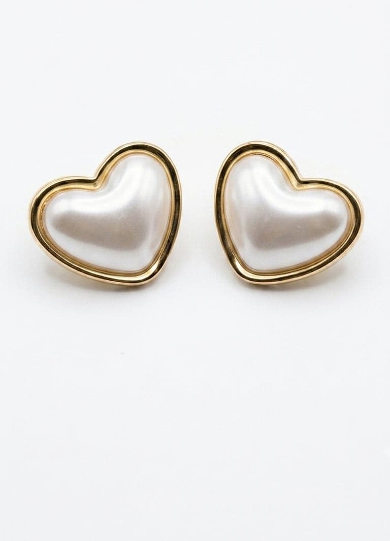 Gold-Plated Brass, Plastic Bead Heart-Shaped Stud Earrings
