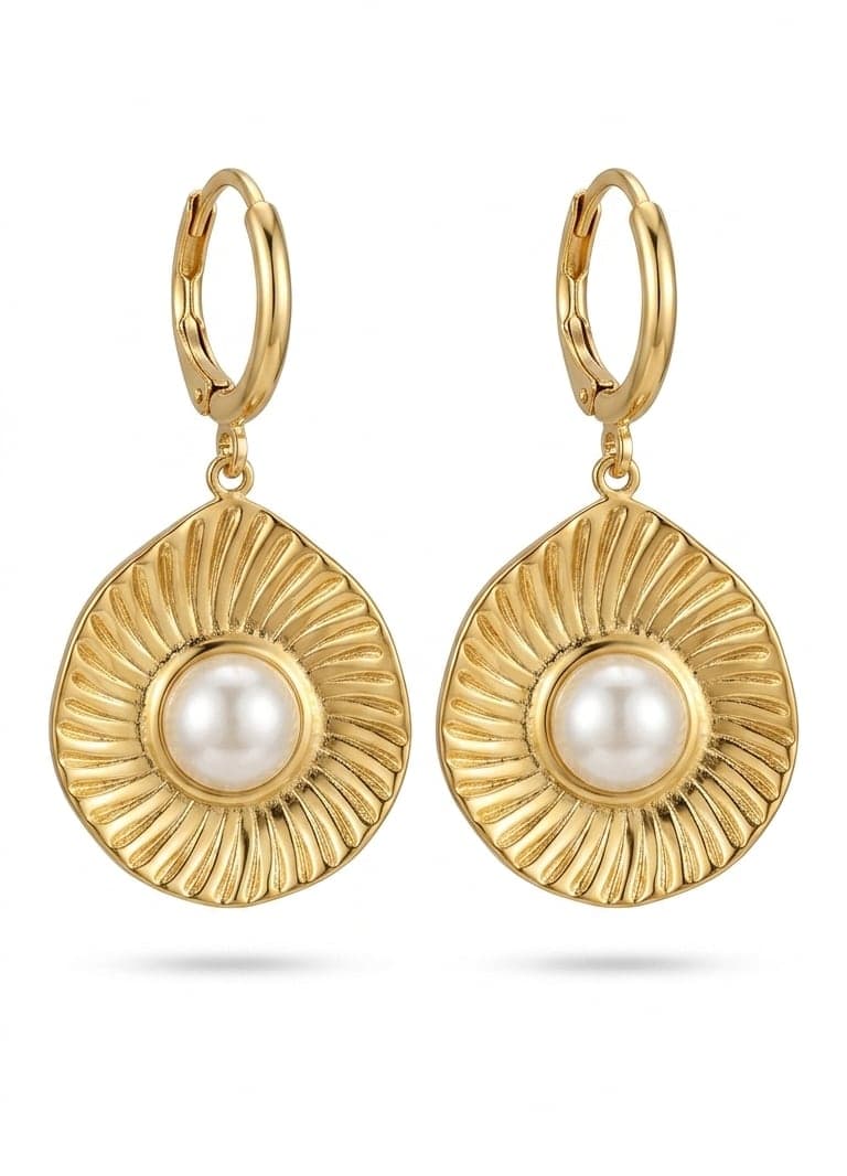 Gold-plated plastic pearl drop-style earrings on a brass base