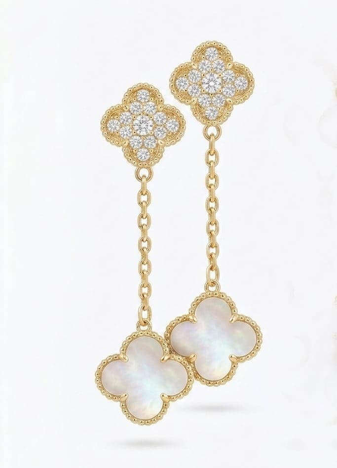 Gold-plated silver clover-shaped drop earrings with mother-of-pearl and zircon stones