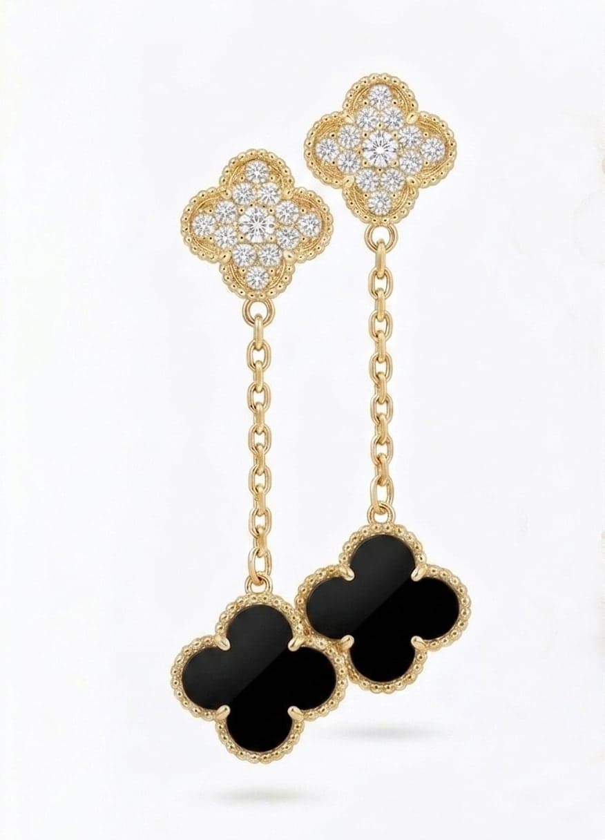 Gold-plated silver clover-shaped drop earrings with mother-of-pearl and zircon stones