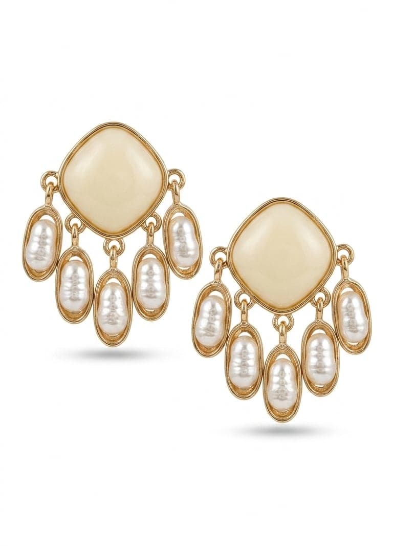 Gold-plated plastic pearl drop earrings on a brass base