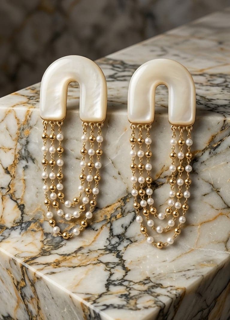 Gold-plated plastic pearl and chain drop earrings