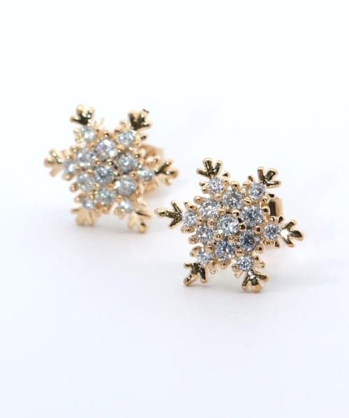 Gold-Plated Brass, Zircon Stone Snowflake Earrings