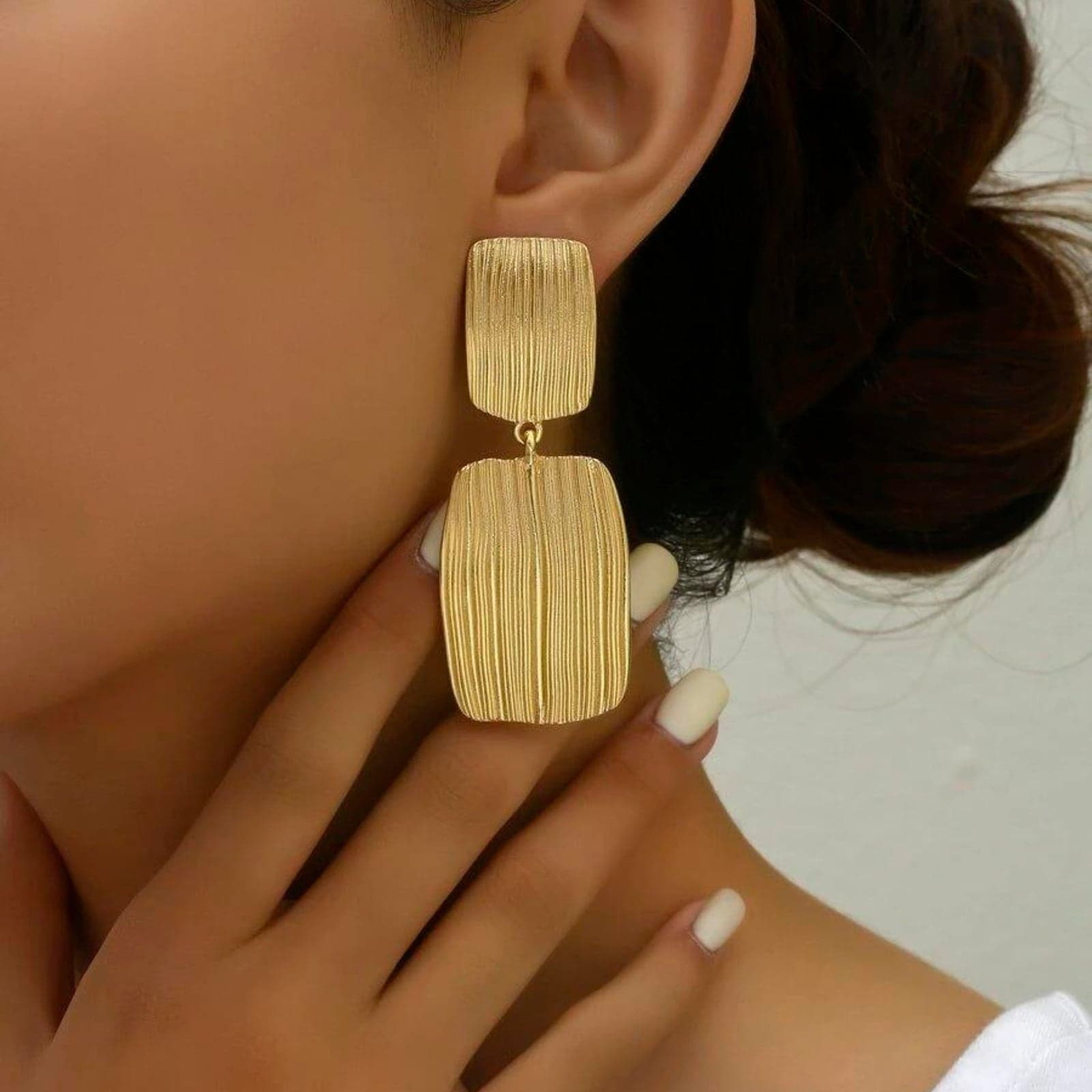 Gold-Plated Brass, Line Pattern Dangle Earrings