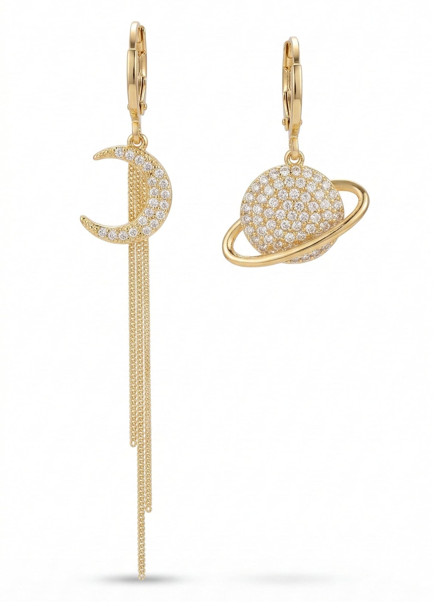 Gold-Plated Brass, Zircon Stone Moon and Saturn Dangle Earring Set