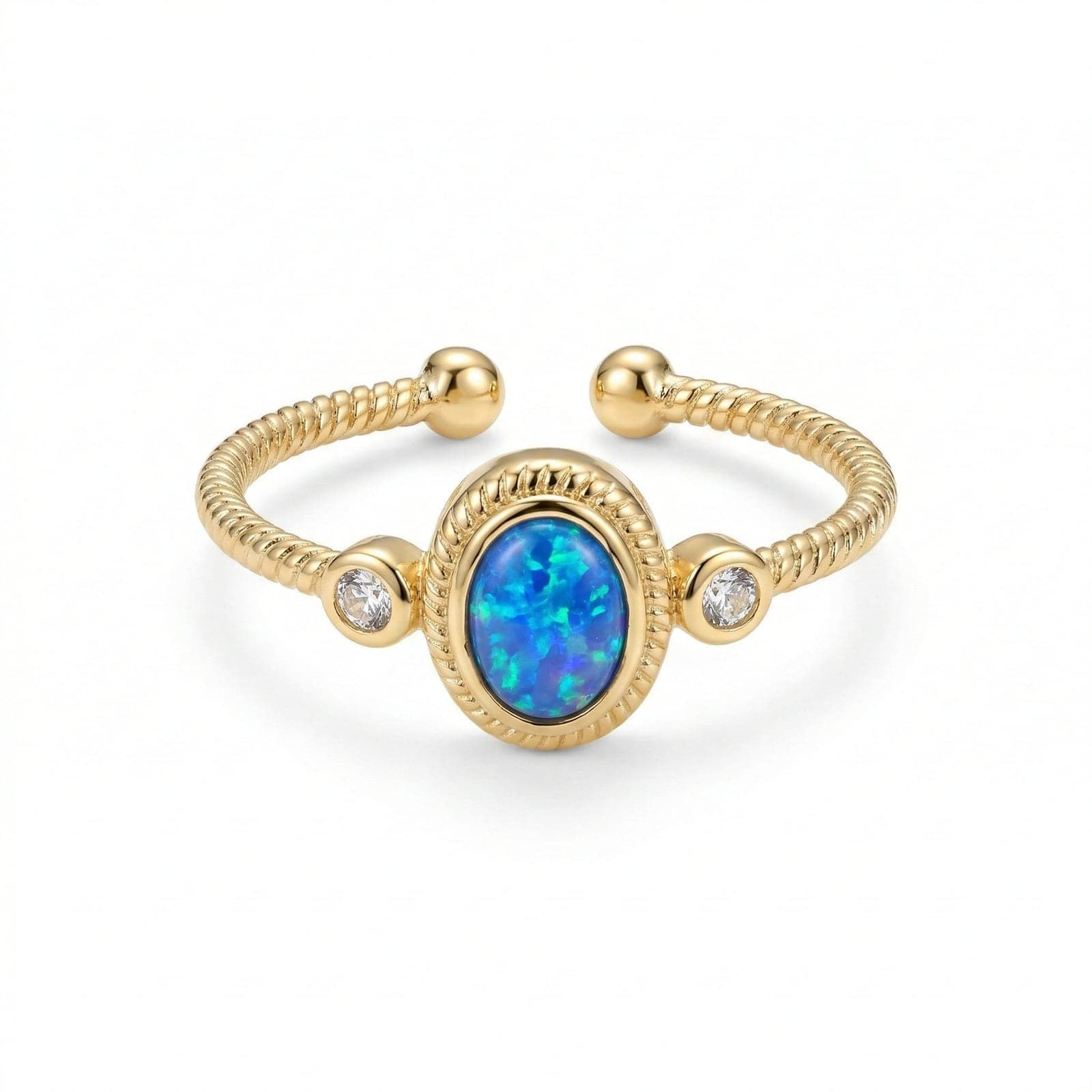 Adjustable Ring with Gold Plated Blue Opal Stone on Brass