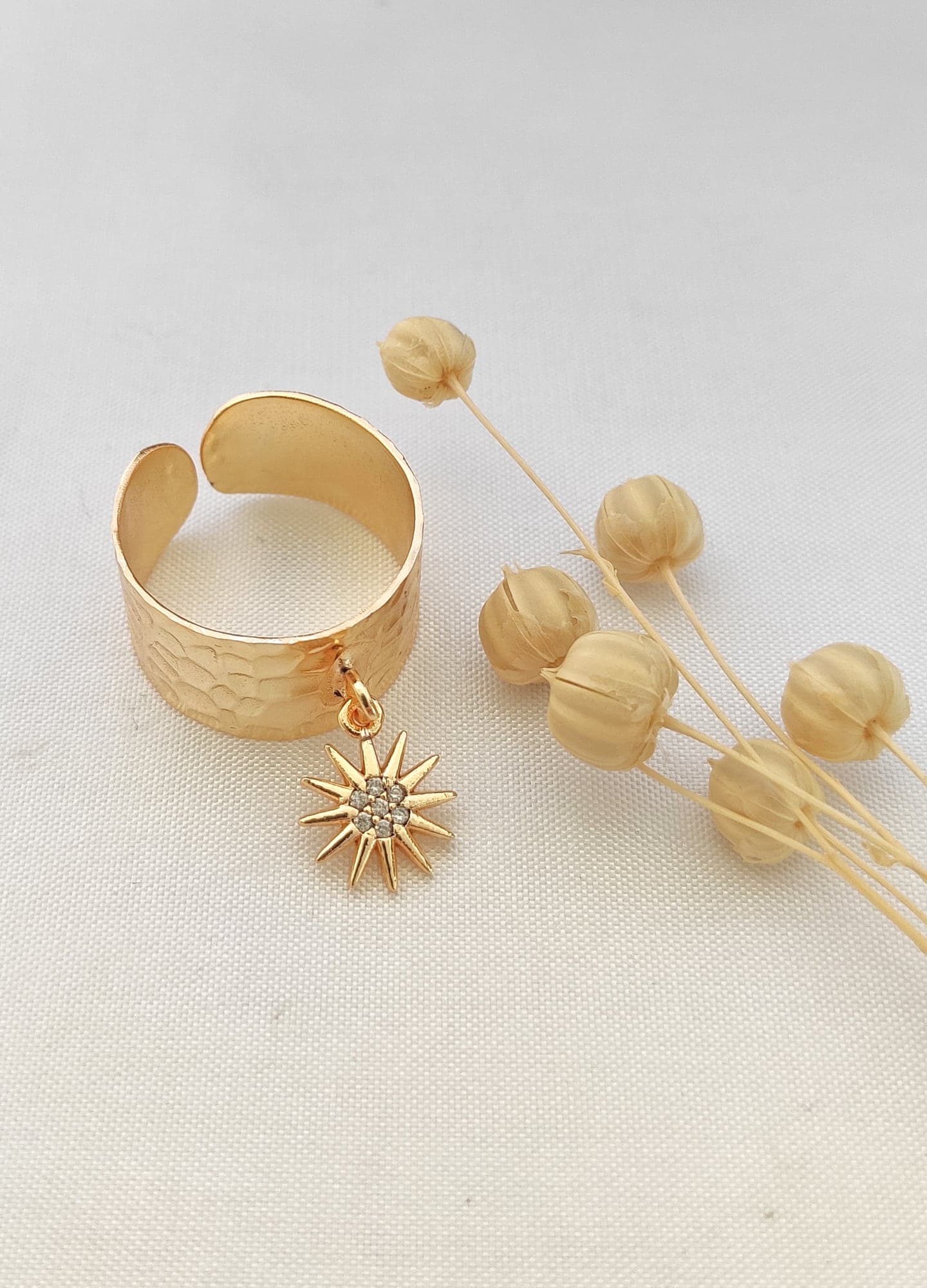 Brass Gold Plated Zircon Stone Sun Pendant Adjustable Ring