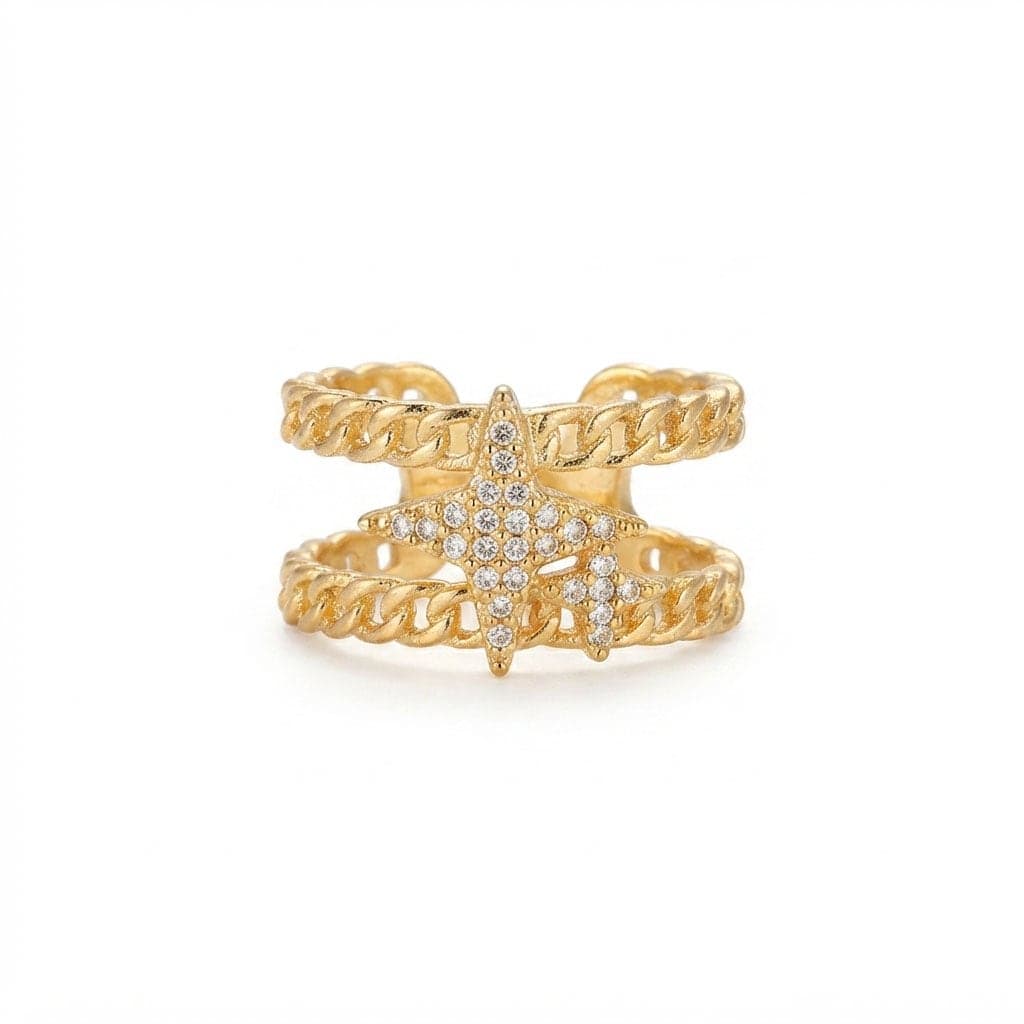 Gold Plated Zircon Stone Pole Star Detailed Adjustable Ring on Brass