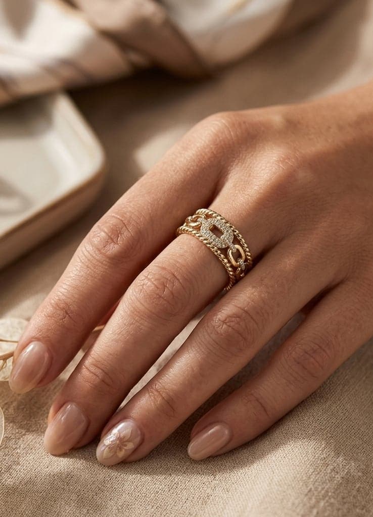 Gold-Plated Brass, Zircon-Set Chain-Style Adjustable Ring
