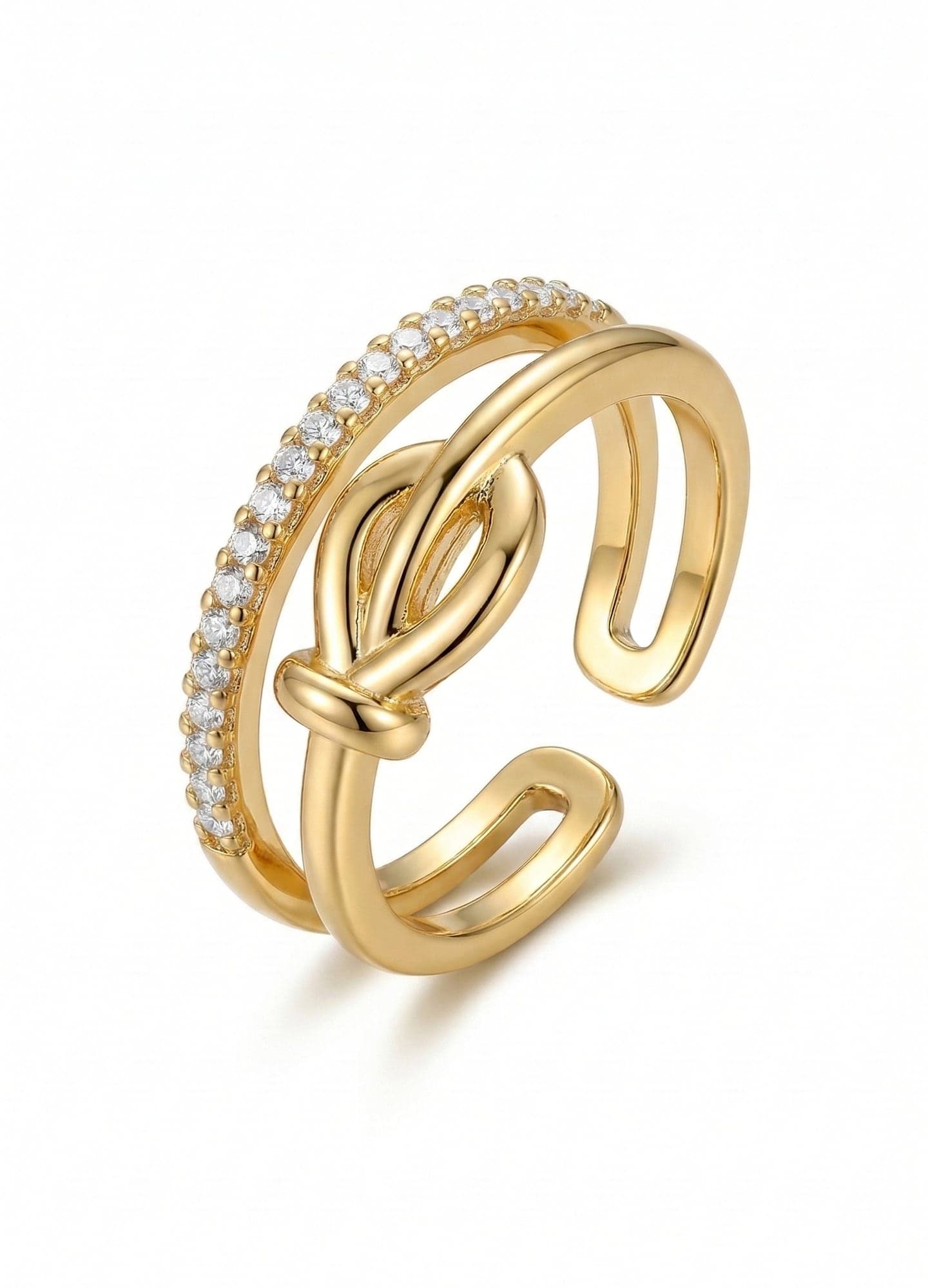 Gold-Plated Brass, Zircon Stone, and Bow-Patterned Double Ring