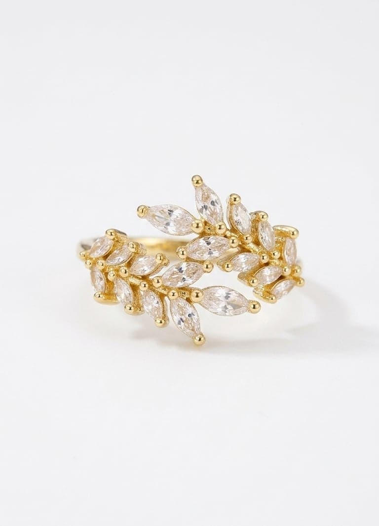 Gold-Plated Brass, Zircon Stone Leaf Ring