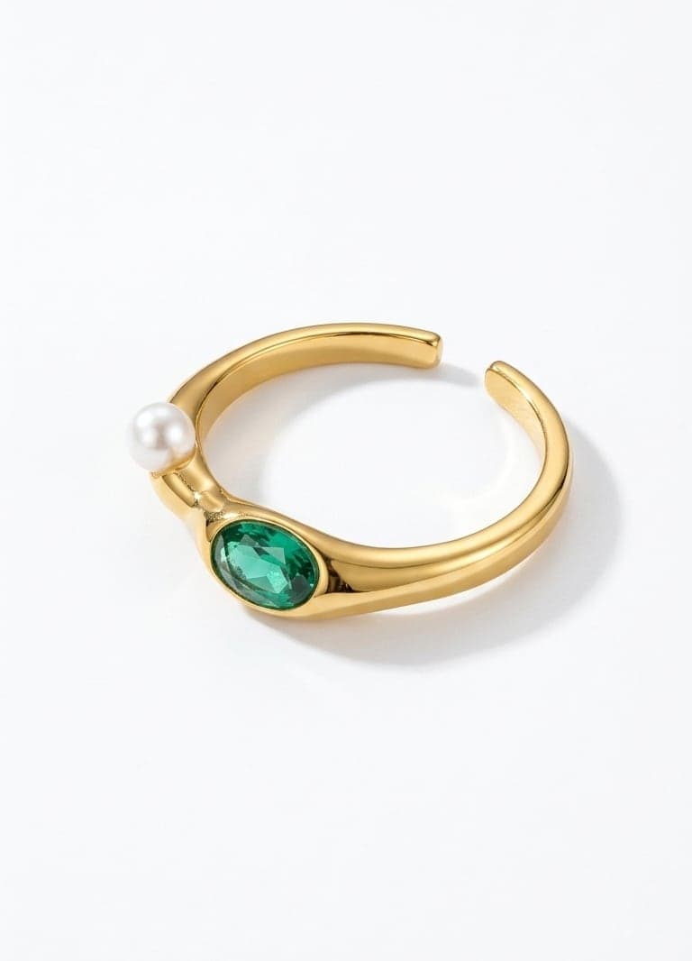 Gold-Plated Brass Ring with Plastic Pearl and Glass Stone Details