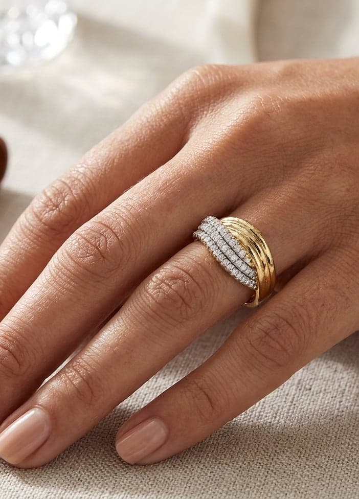 Gold-Plated Brass, Three-Row Zircon Stone, Waterway-Style Adjustable Ring