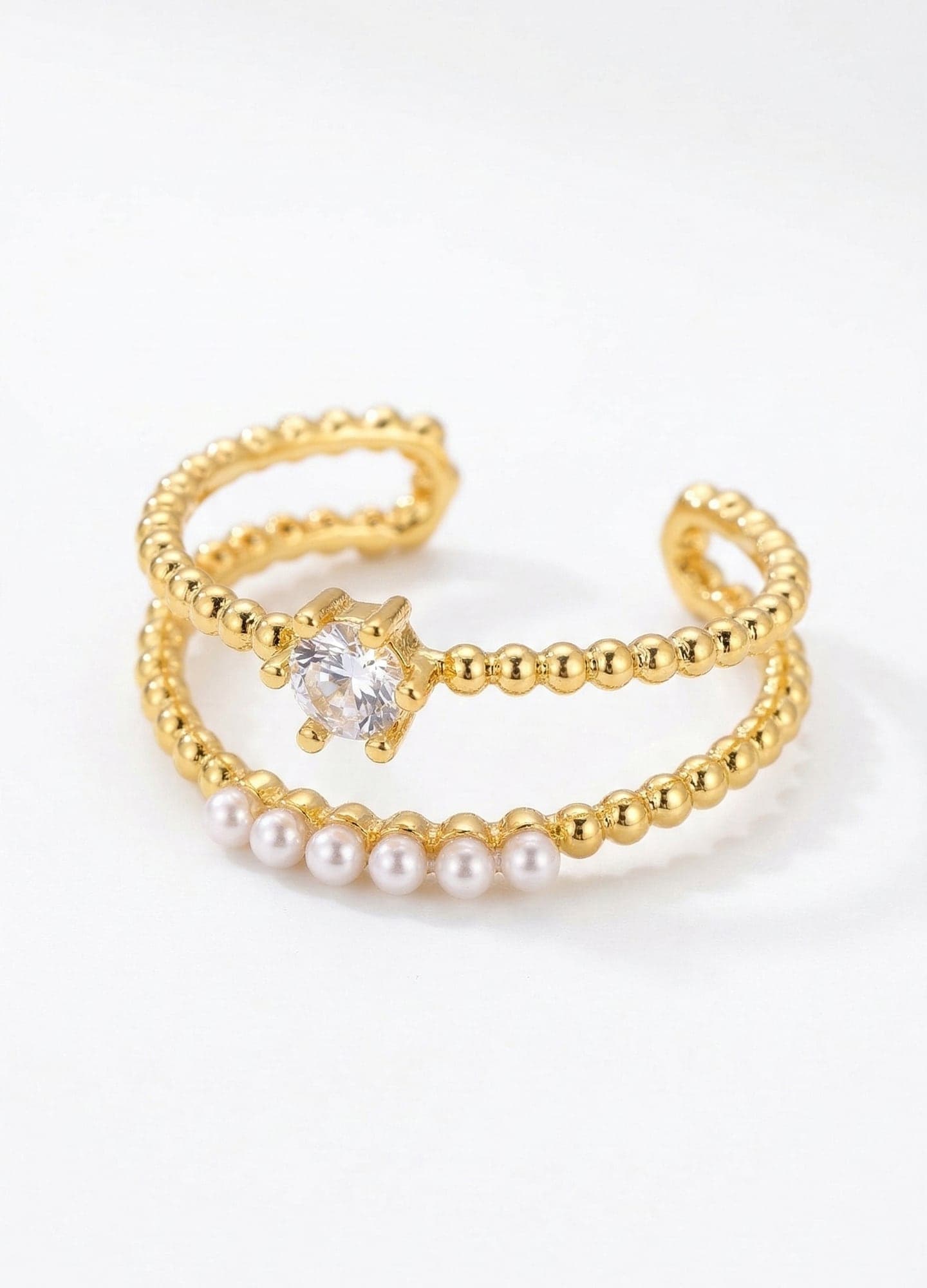 Gold-Plated Brass, Zircon Stone and Plastic Pearl Double Ring