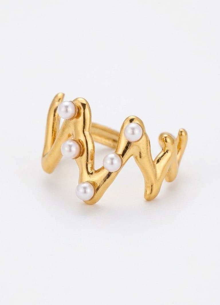 Gold-Plated Brass, Plastic Pearl-Studded Zigzag Pattern Face