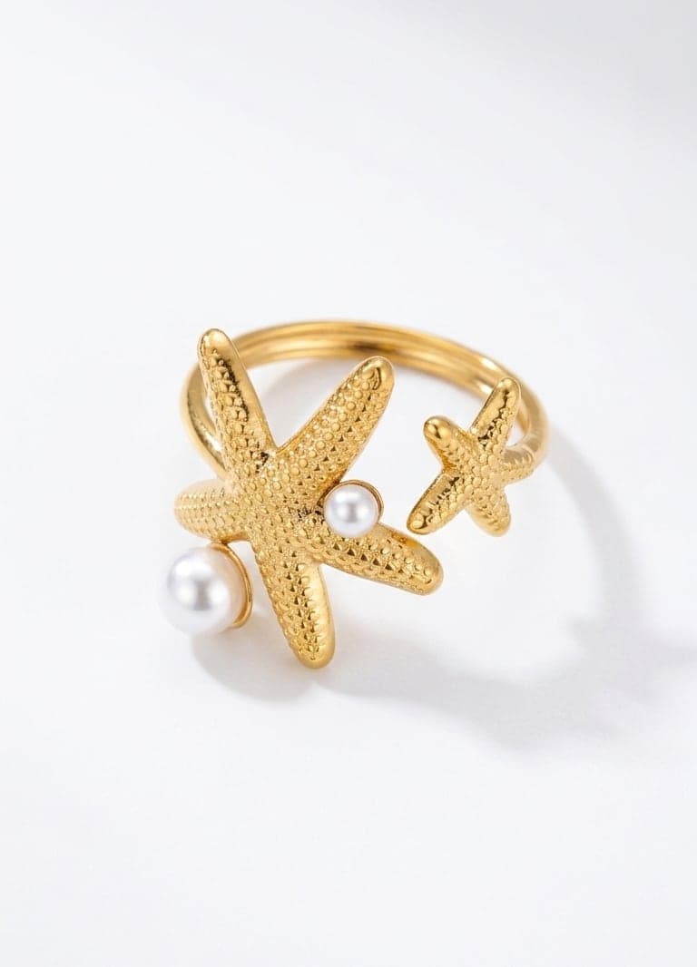Gold-Plated Brass, Plastic Pearl Detailed Starfish Model Ring