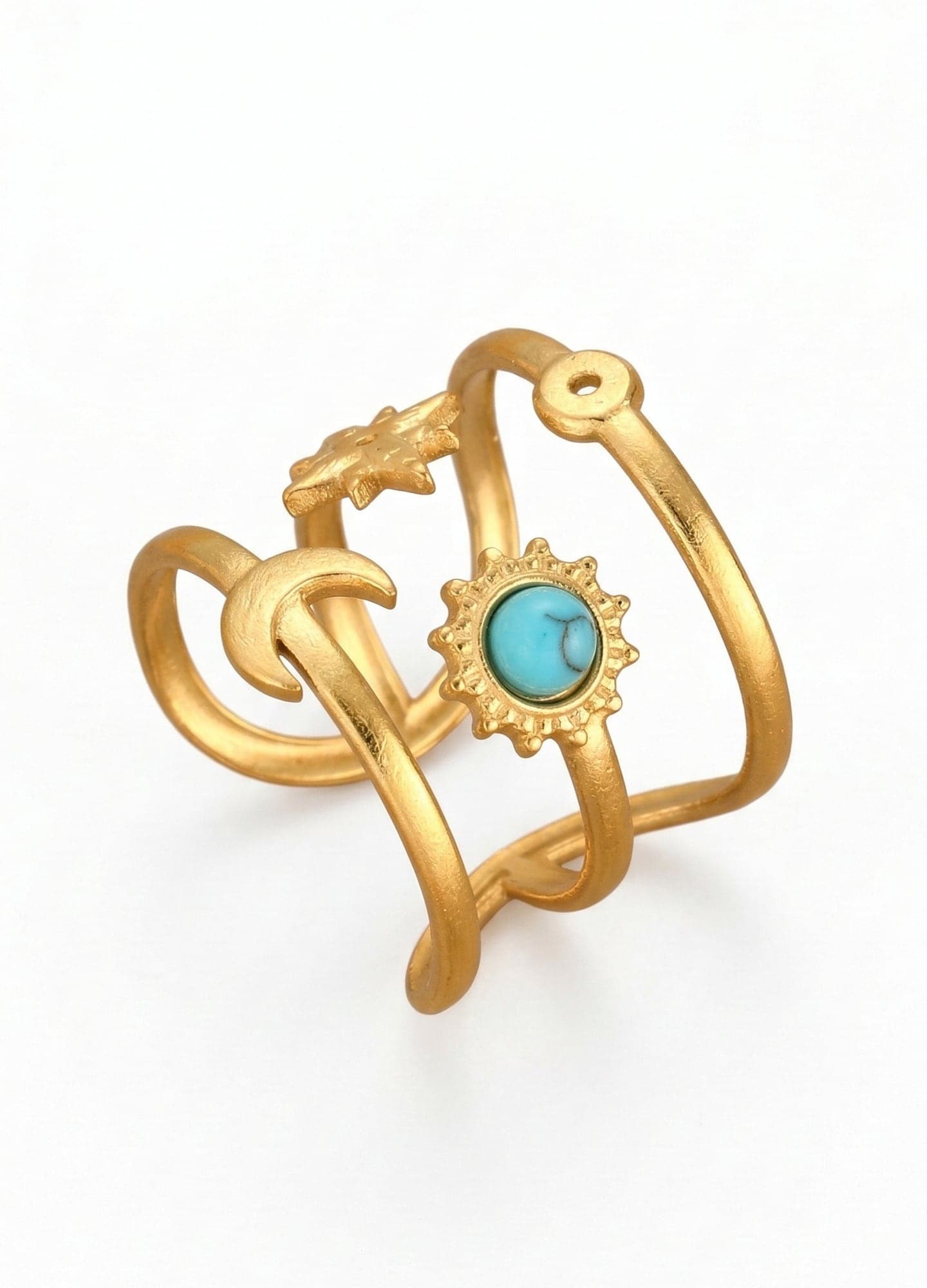 Gold-Plated Brass Ring with Turquoise Stone, Sun, Moon, and Star Details