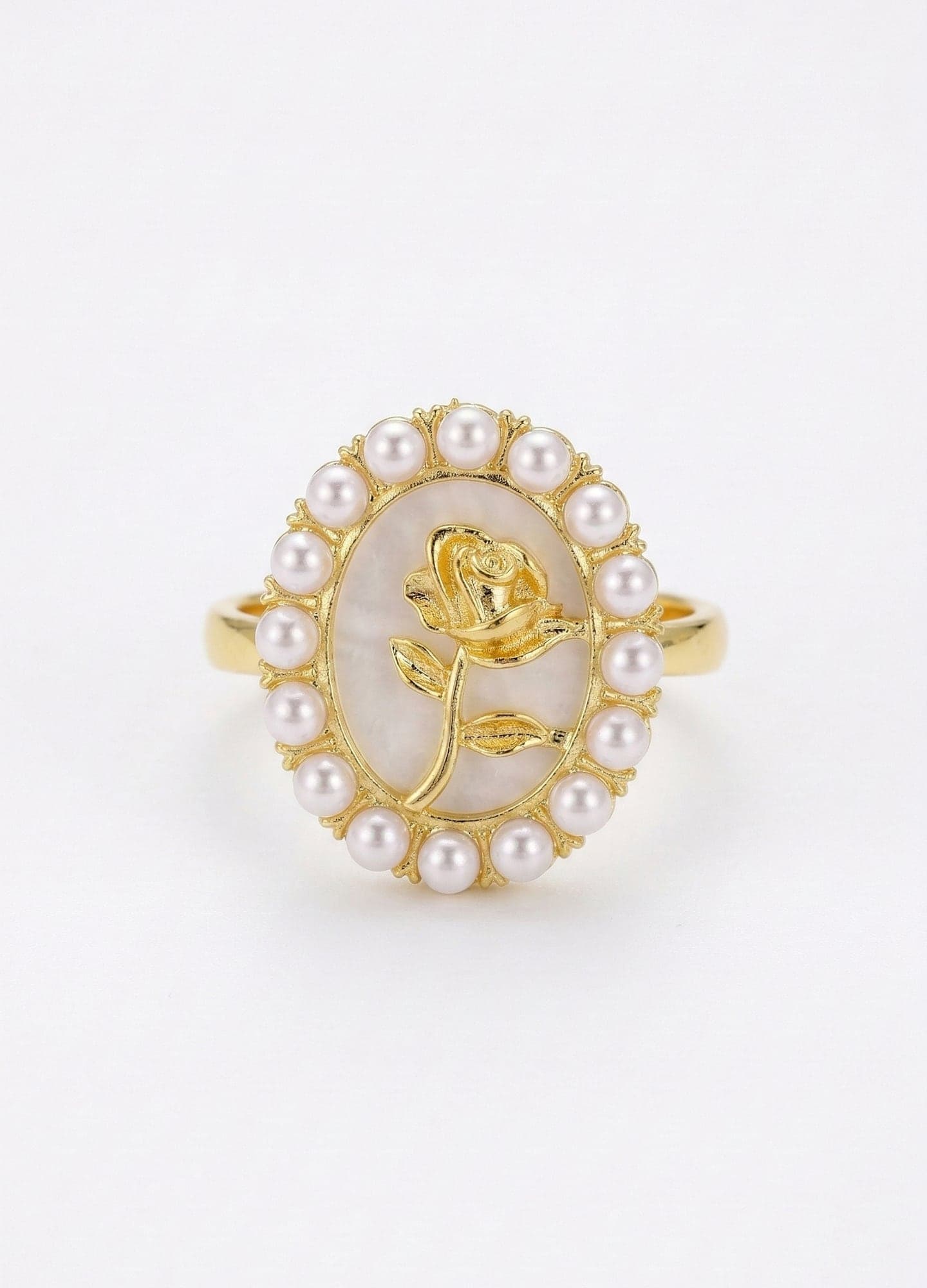 Gold-Plated Brass, Plastic Pearl-Studded Rose-Shaped Ring