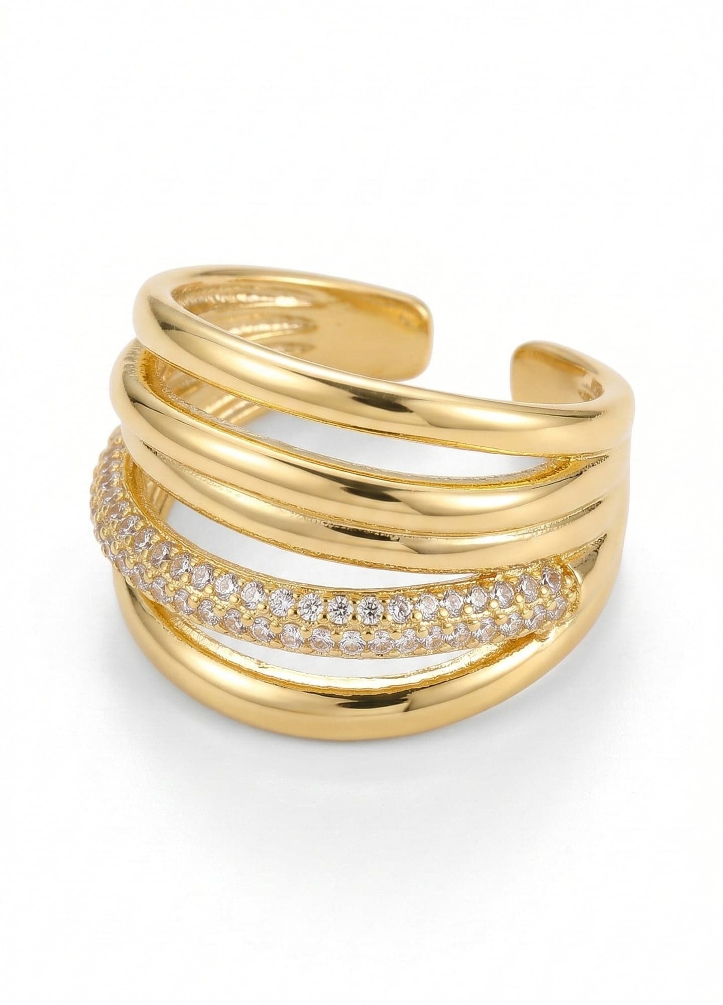 Gold-Plated Brass, Zircon Stone 5-Row Ring