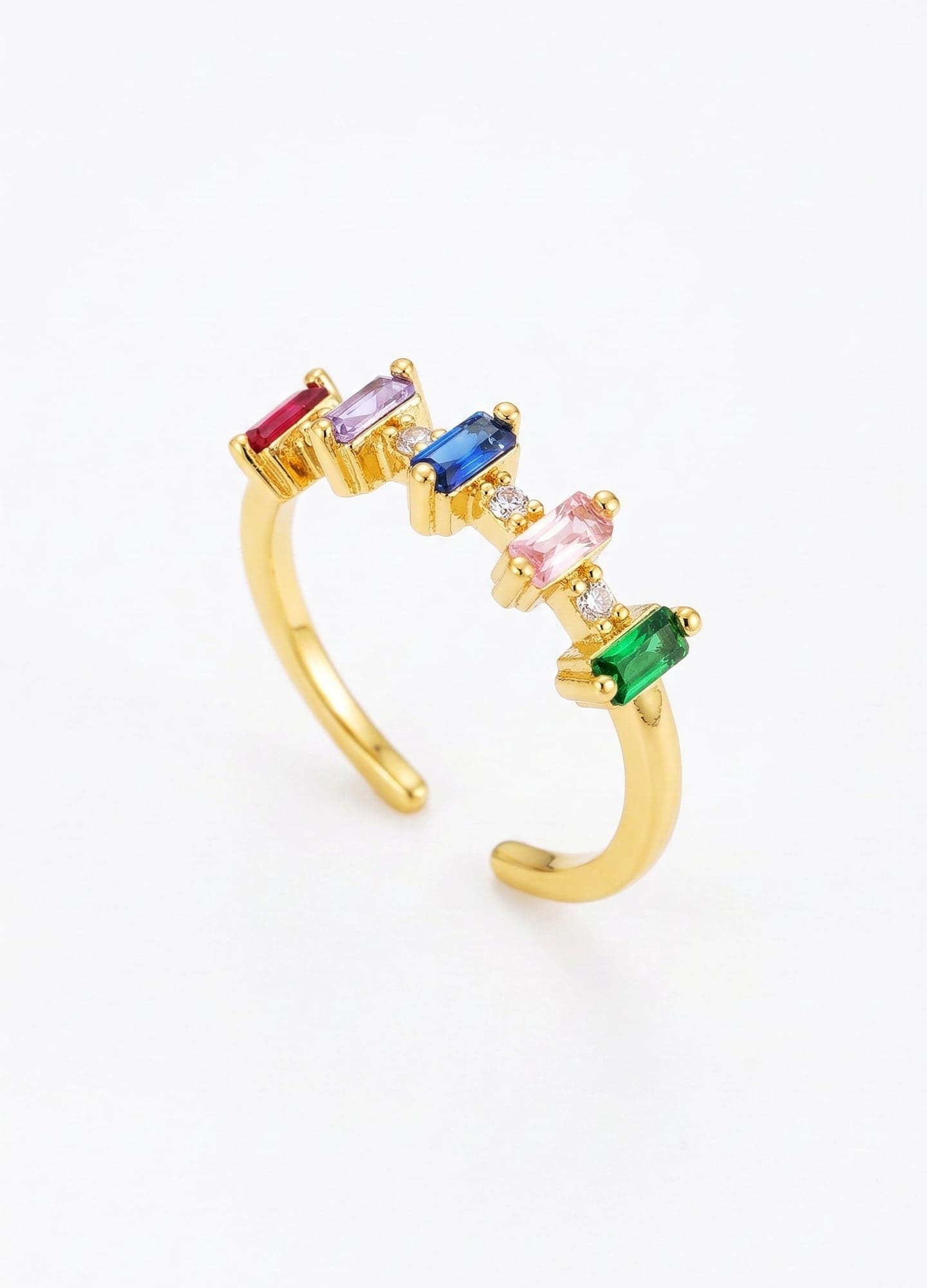 Gold-Plated Brass, Single Row Ring with Colored Zircon Stones