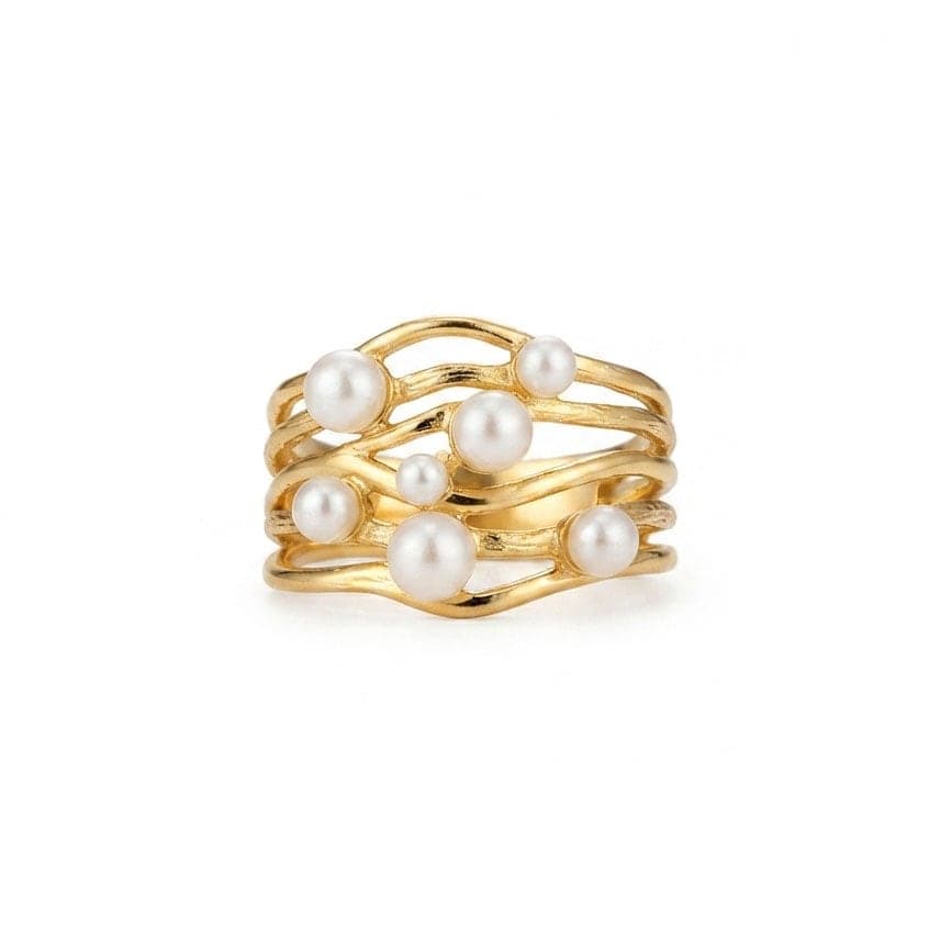 Gold-Plated Brass, Pearl-Detailed Five-Row Ring