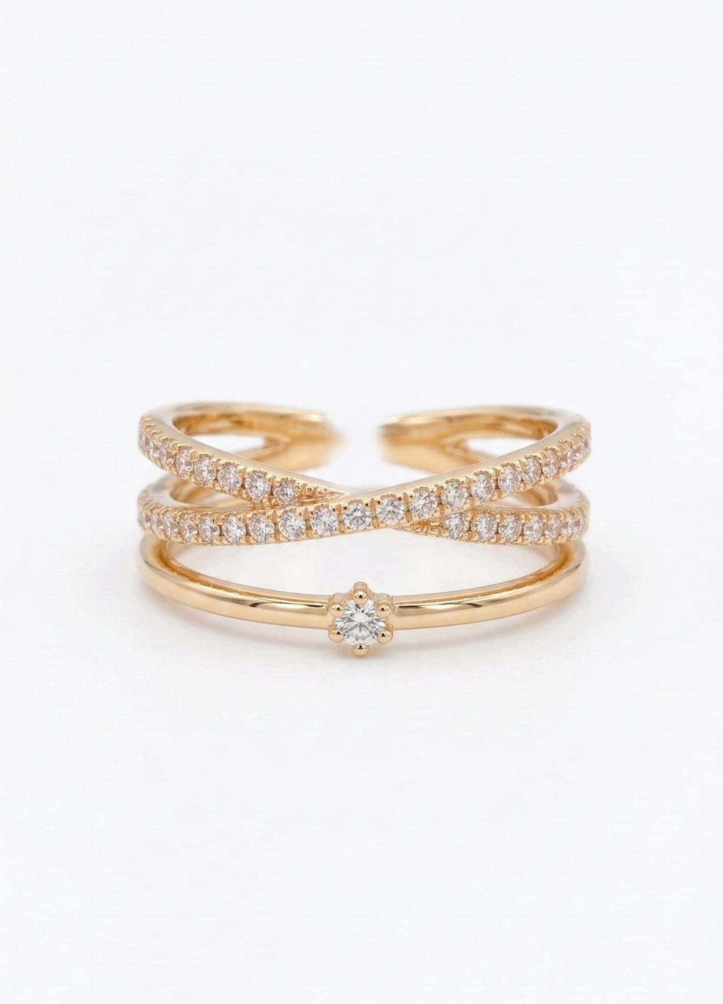 Gold-Plated Brass, Zircon Stone Set Three-Row Ring
