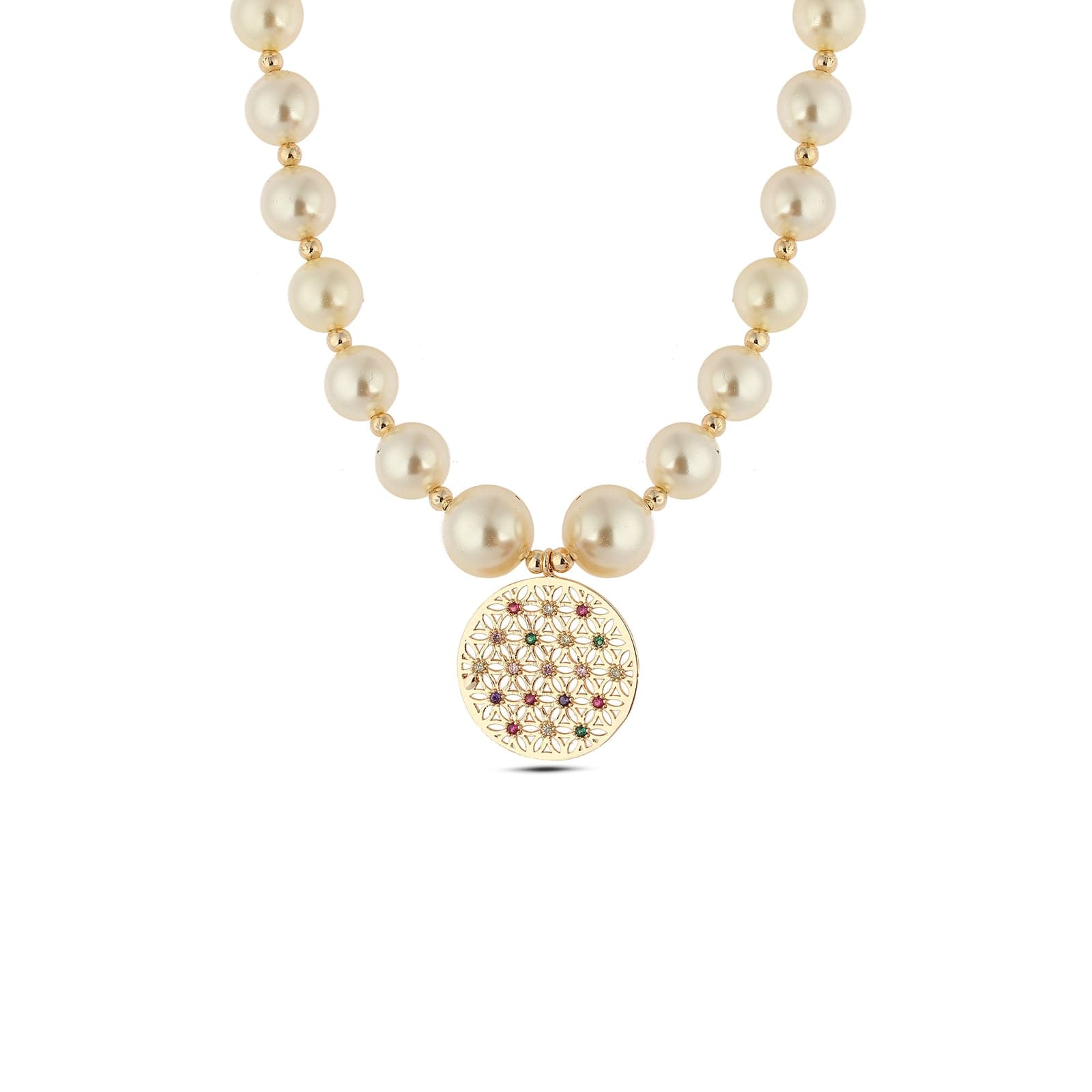 Gold Plated Brass Colored Zorkin Stone Ring Dangle Pearl Necklace