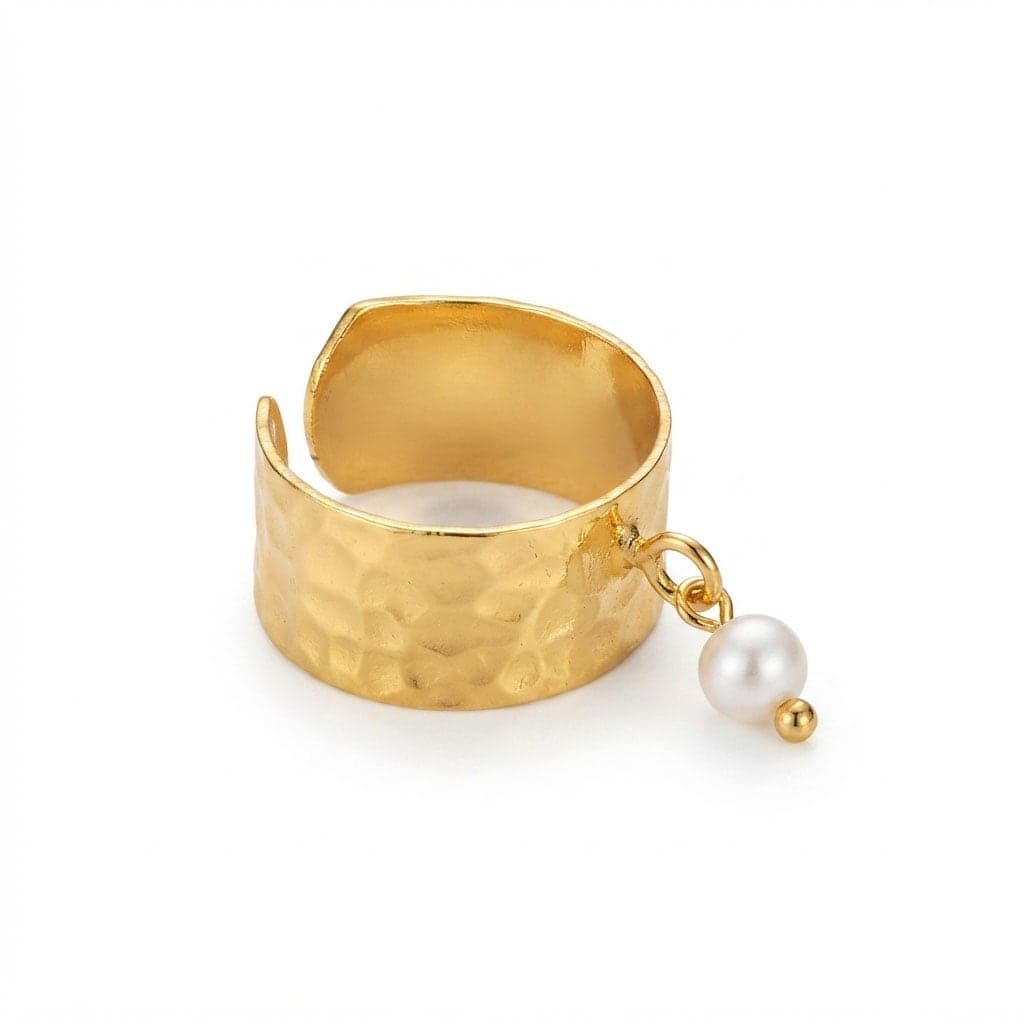 Gold Plated Plastic Pearl Dangle Ring on Brass