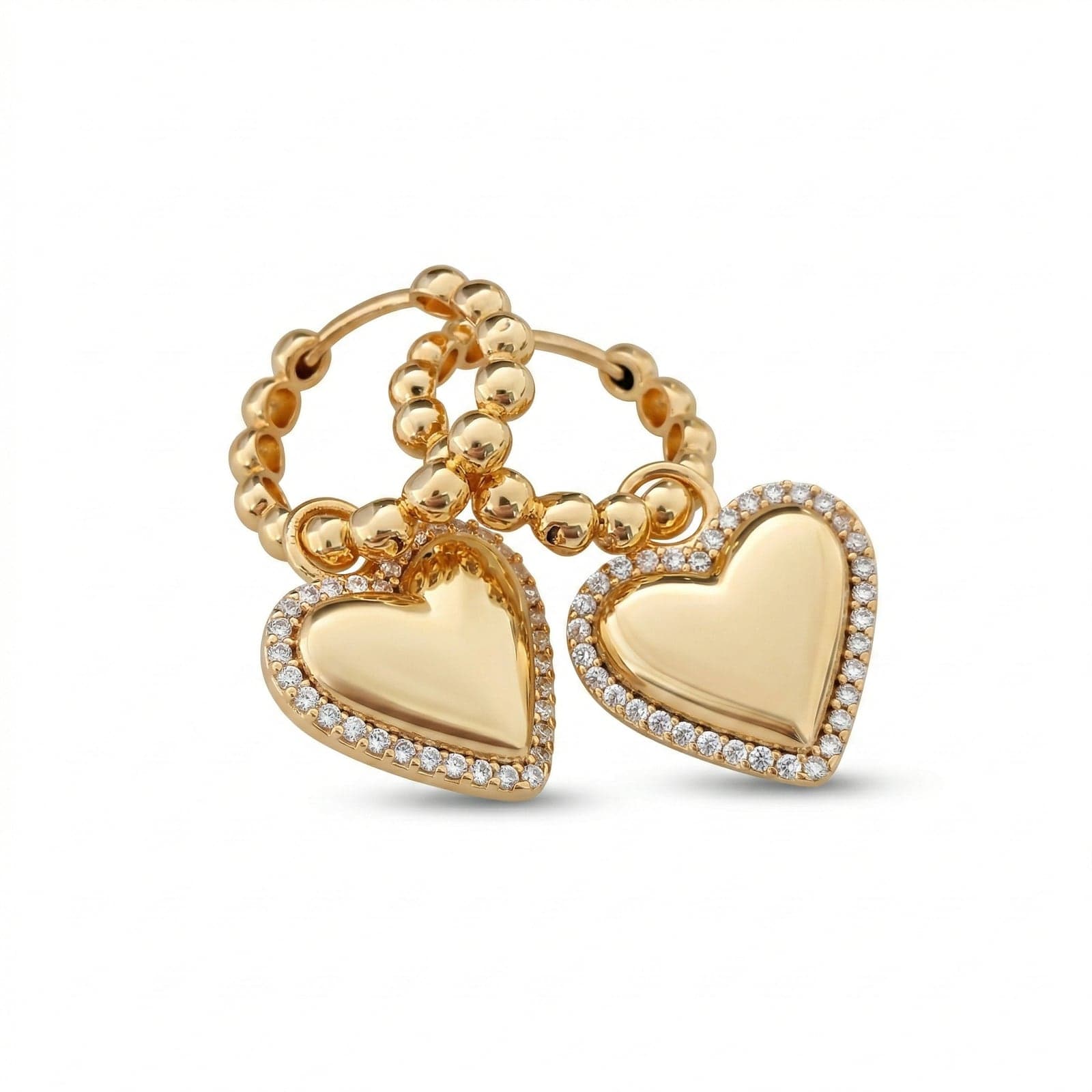 Gold Plated Brass Ring Ball Detail and Zircon Stone Heart Dangle Earrings