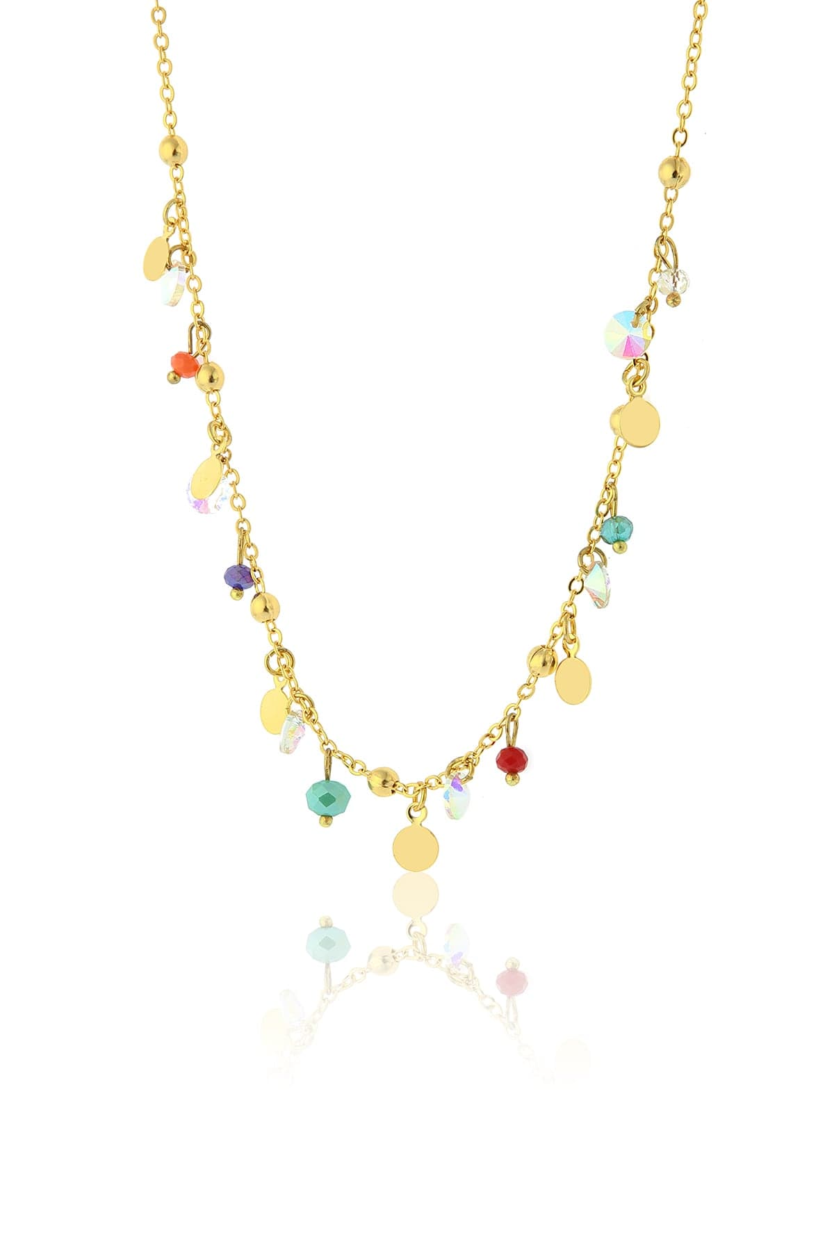 14 K goldplated brass, seebeads, Cyrstal Gemstone necklace