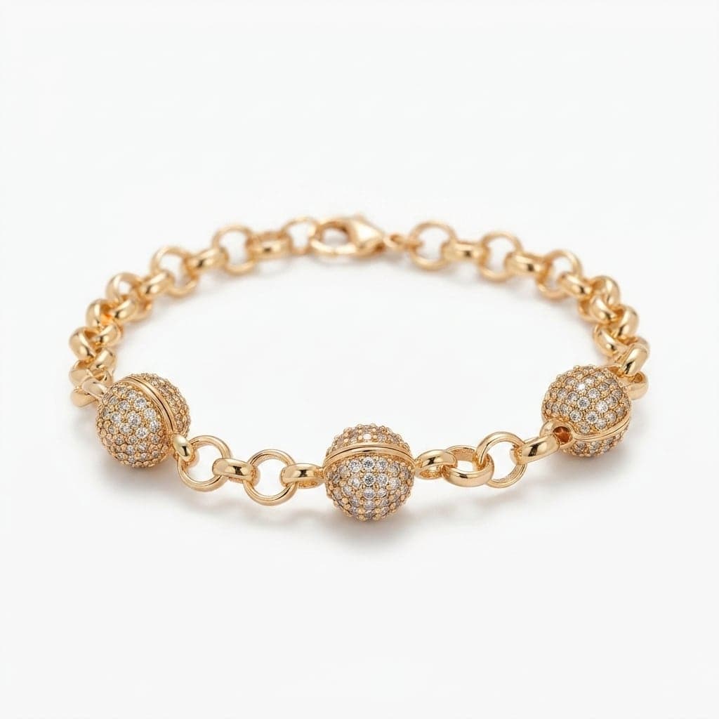Brass Gold Plated Zircon Stone Ball Detailed Chain Bracelet