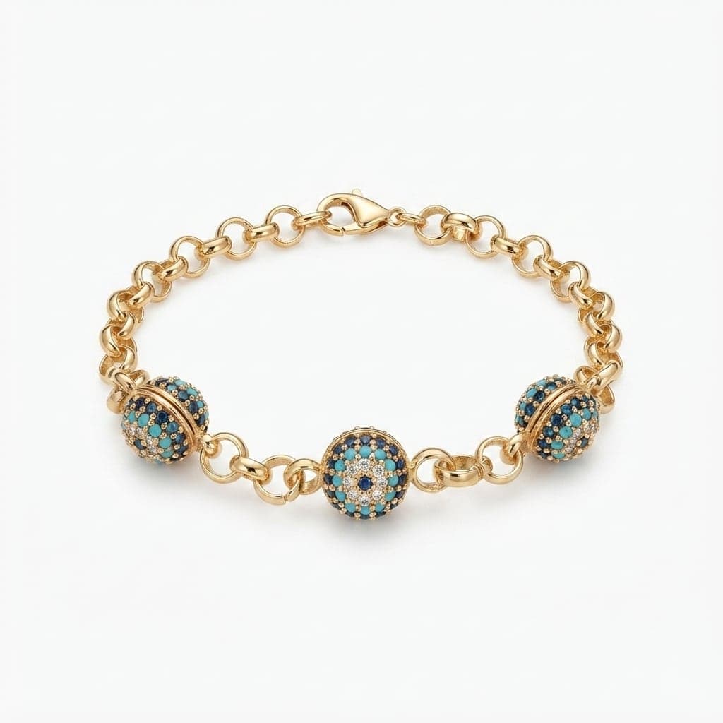 Brass Gold Plated Zircon Stone Ball Evil Eye Bead Detailed Chain Bracelet