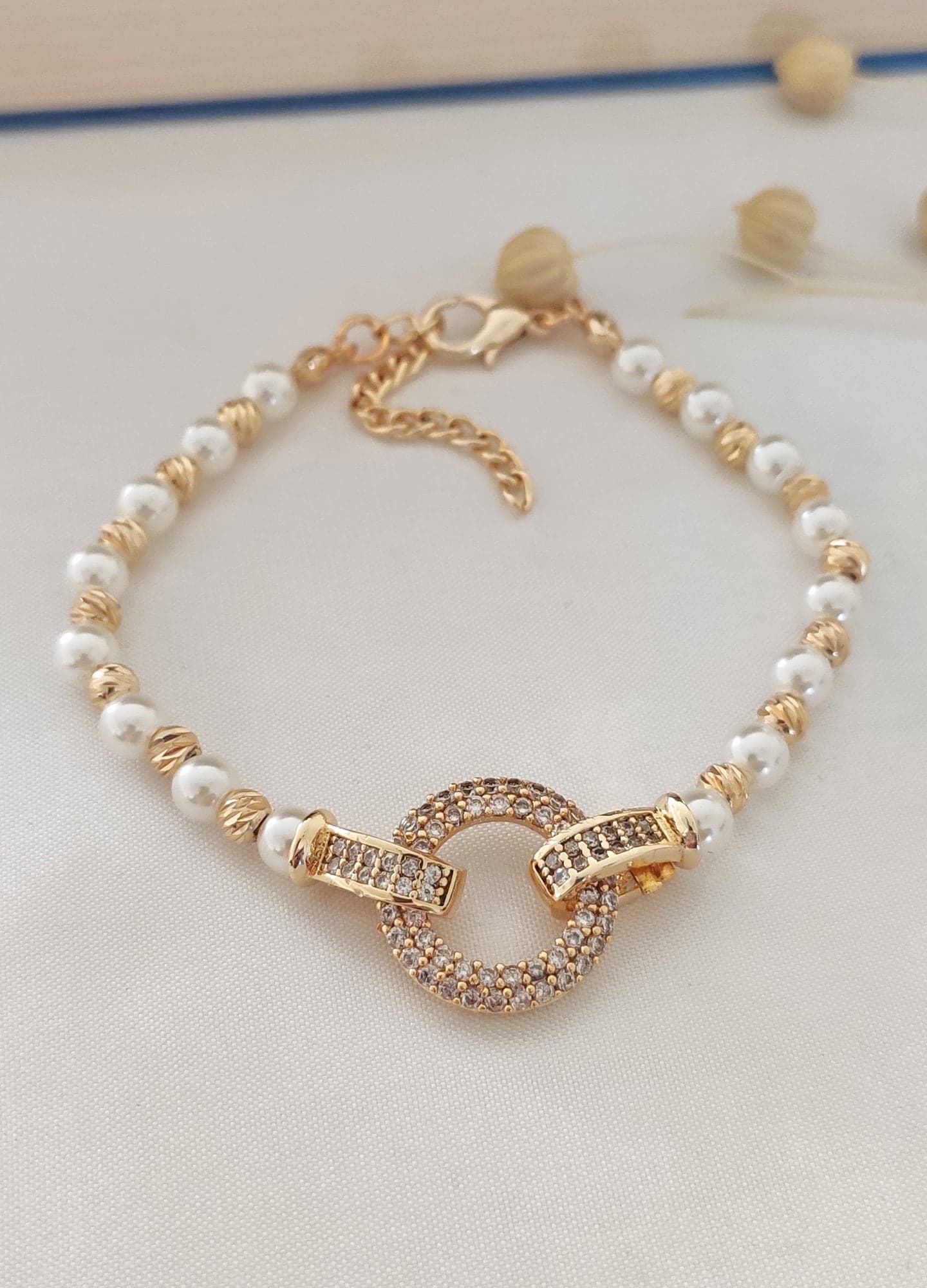 Gold Plated Plastic Pearl and Zircon Detailed Bracelet on Brass