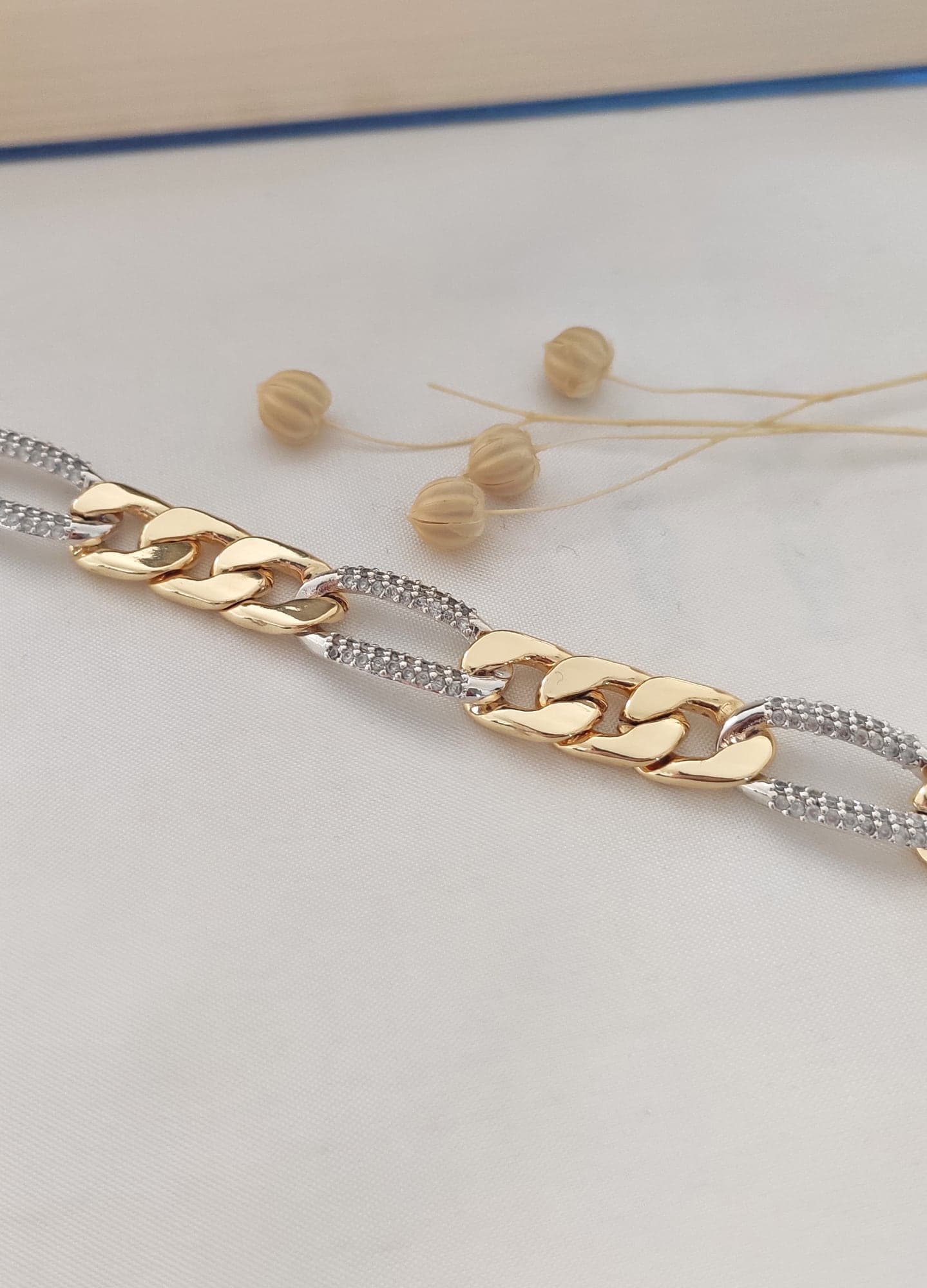 Thick Chain Bracelet with Gold Plated Zircon Stone on Brass