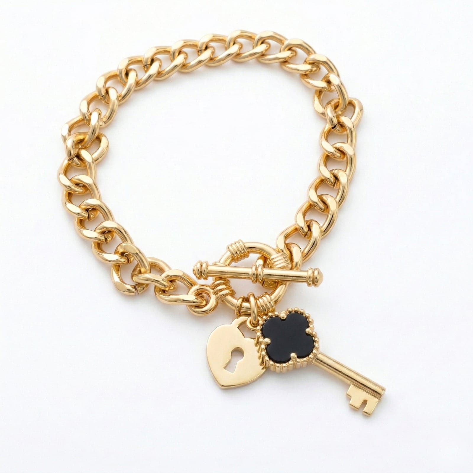 Gold Plated Bracelet with Black Mother-of-Pearl Stone and Key and Lock Pendant on Brass